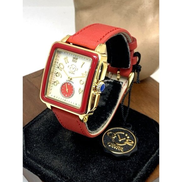 GV2 by Gevril Women's Watch 9261 Swiss Quartz Mother of Pearl Dial Red Leather - Picture 2 of 13
